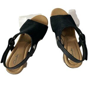 Clarks Size 7W Black Suede Giselle Sea Wedge Sandal